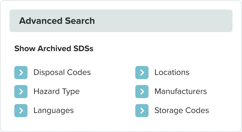 The mSDS Source advanced search screen for filtering a safety data sheet library