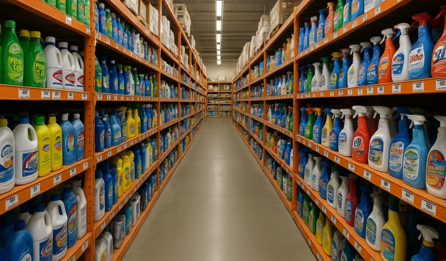 Store aisle stocked with cleaning products