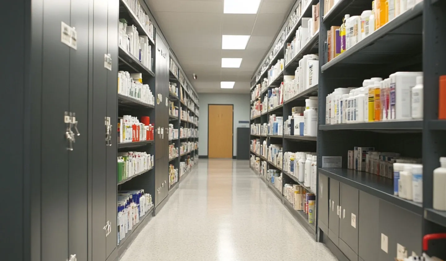 A hospital pharmacy storage room with shelves of products