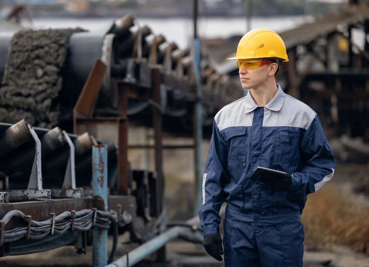Mine worker in a hard hat and safety glasses carrying a tablet beside a conveyor
