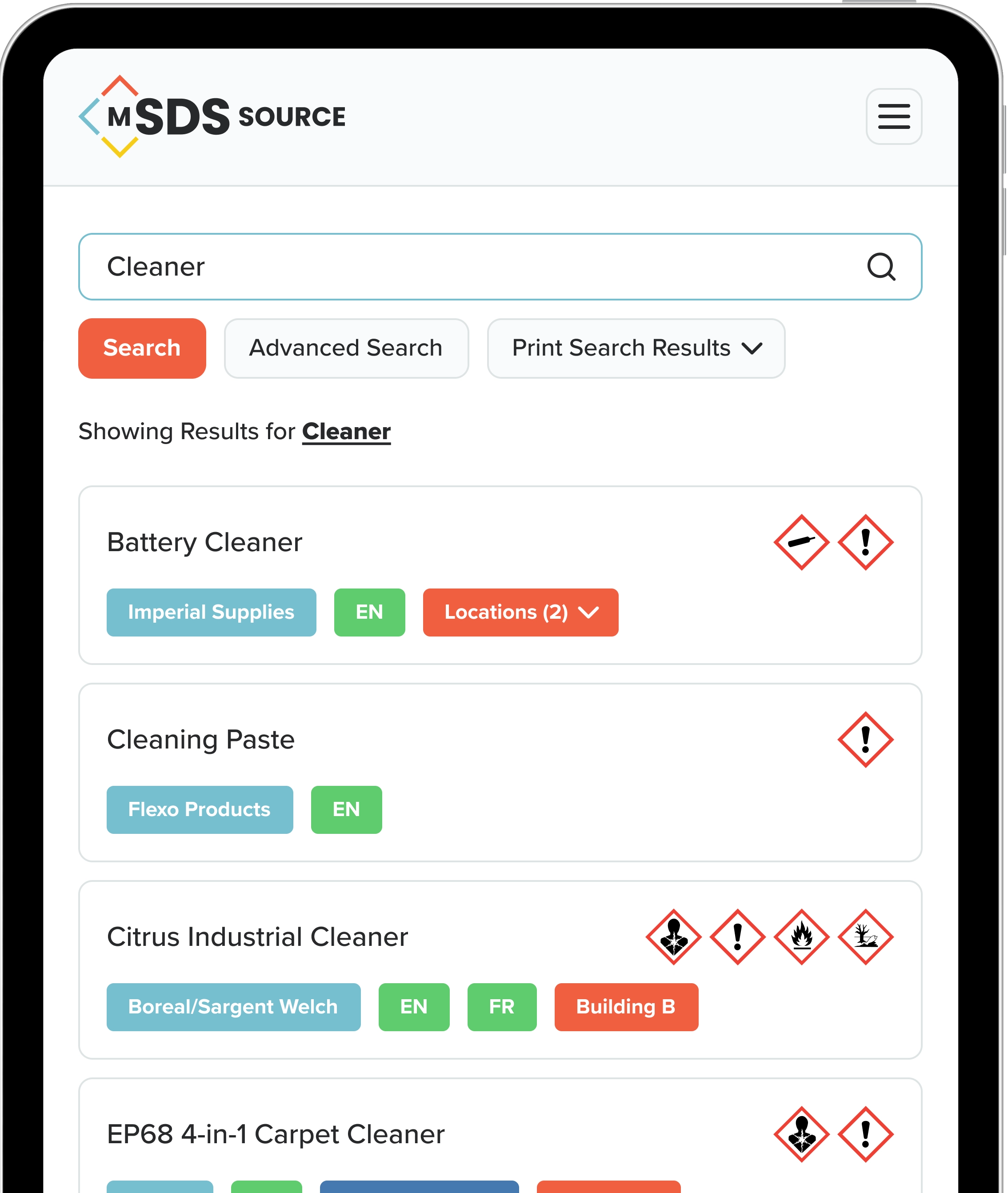 The mSDS Source app on a tablet, listing safety data sheet search results with GHS hazard pictograms